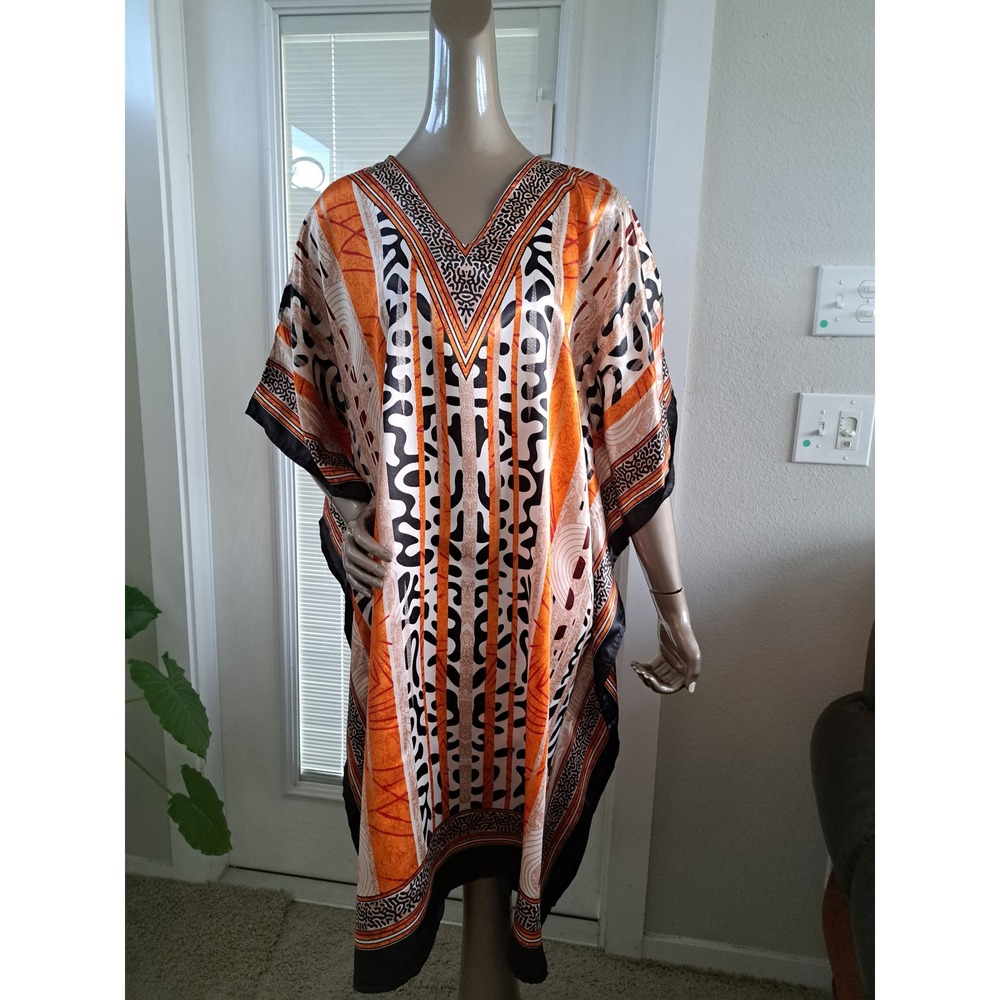 Midnight Velvet Women Kaftan Dress Orange Black Animal Print V-Neck One Size